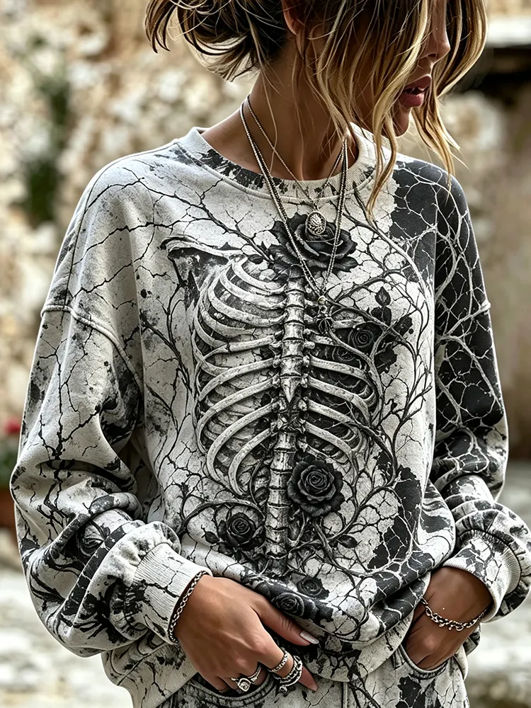 Women's Long Sleeve Crewneck Sweatshirt - Gothic Skeletal Ribcage, Cracked Texture And Twining Rose Blossoms Print Top