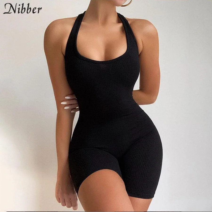 Nibber Basic Striped Halter Rib Knit Playsuit Women Casual Backless Streetwear Rompers 2021 Sporty Workout Elastic Biker Short