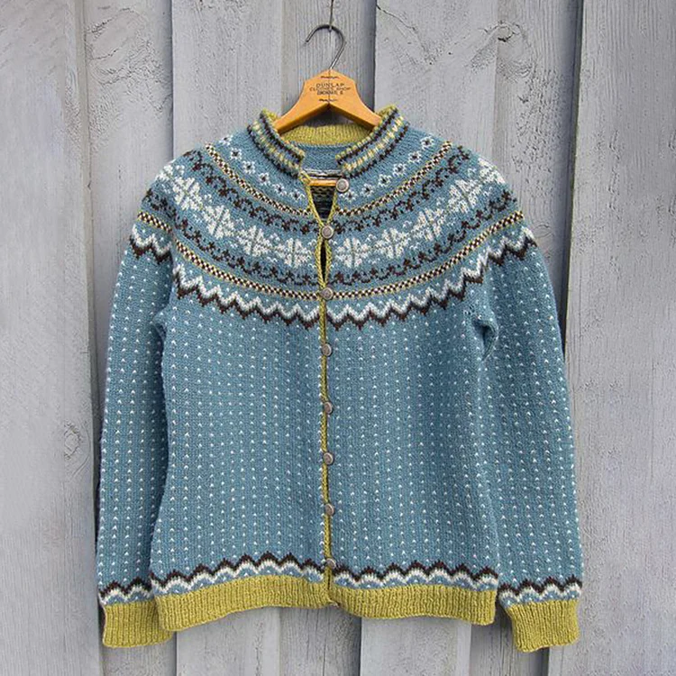 Vintage Icelandic Geometry Color Block Cozy Sweater Cardigan