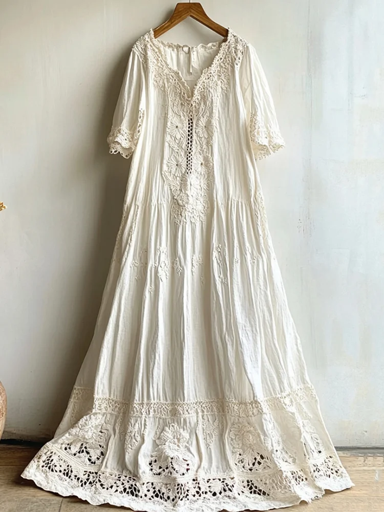 Elegant Floral Lace Cutout Linen Dress