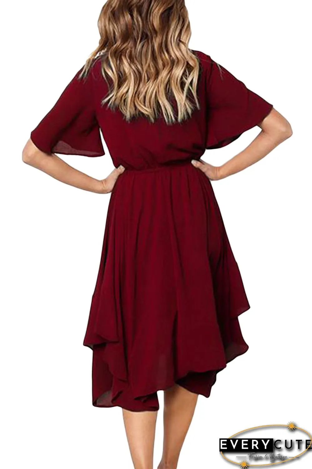 Red Chiffon Irregular Hem Short Sleeve Pleated Dress