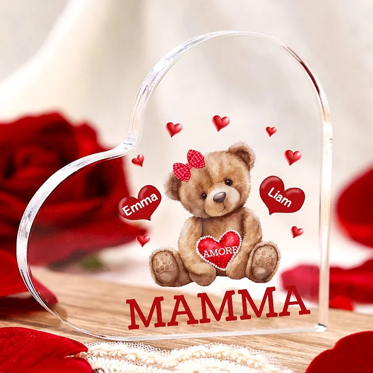 MAMMA Decorazione acrilica con orsacchiotto a forma di cuore 2 nomi e 2 testi personalizzati per mamma/nonna