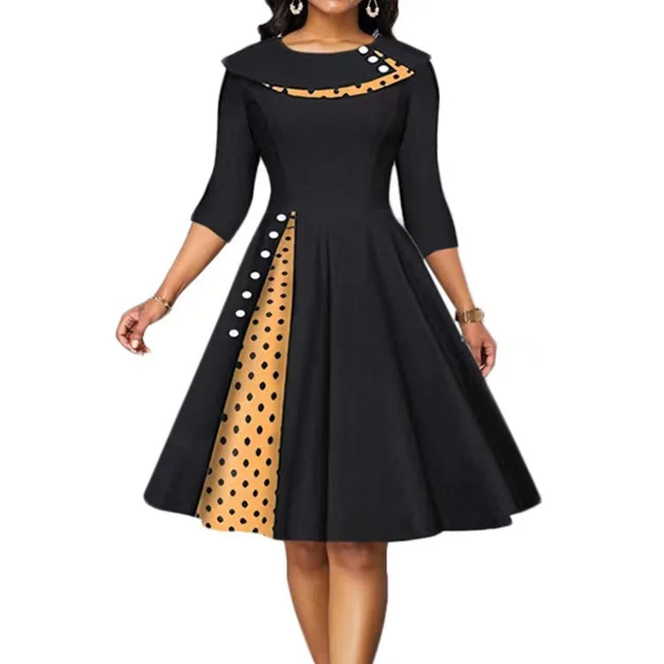 Brownm Retro Printing Dot Cinched Swing Dress