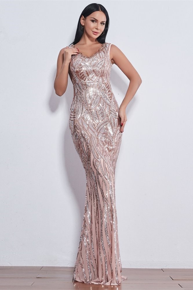 Glamorous Sequins V-Neck Mermaid Evening Party Gowns Long Prom Dress Online - lulusllly