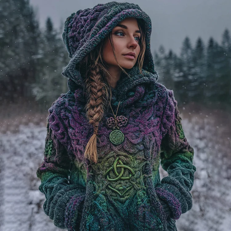 Women's Vintage Celtic Knot Gradient Art Knit Hooded Sweater