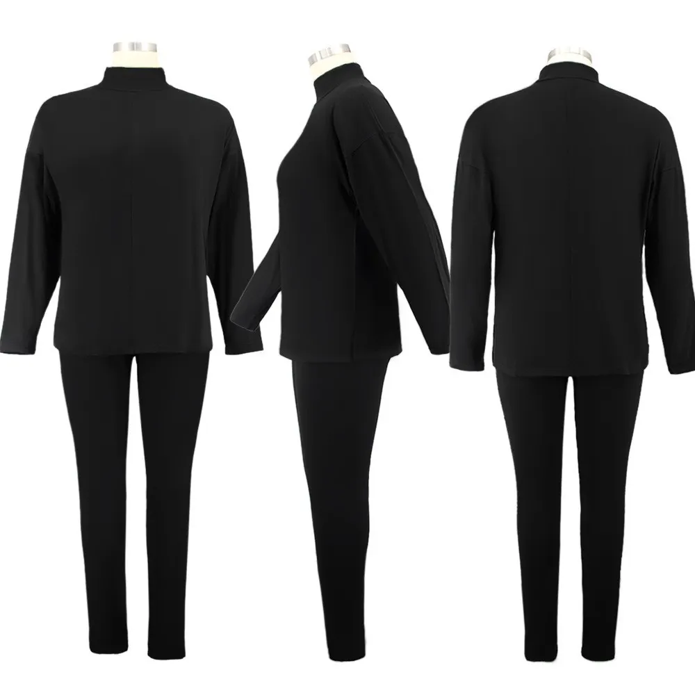 Autumn And Winter High Collar Solid Color Slit Long Sleeve Womens Casual Sports Two Piece