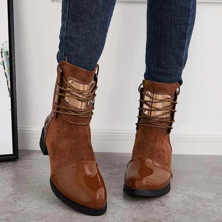 Patent Leather Block Low Heel Ankle Boots Back Zipper Booties