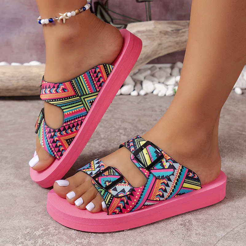 Tanguoant Tanguoant Soft Slippers Female 2024 Summer Plus Size Double Belt Buckle Thick Slippers Female Flat Slippers Female