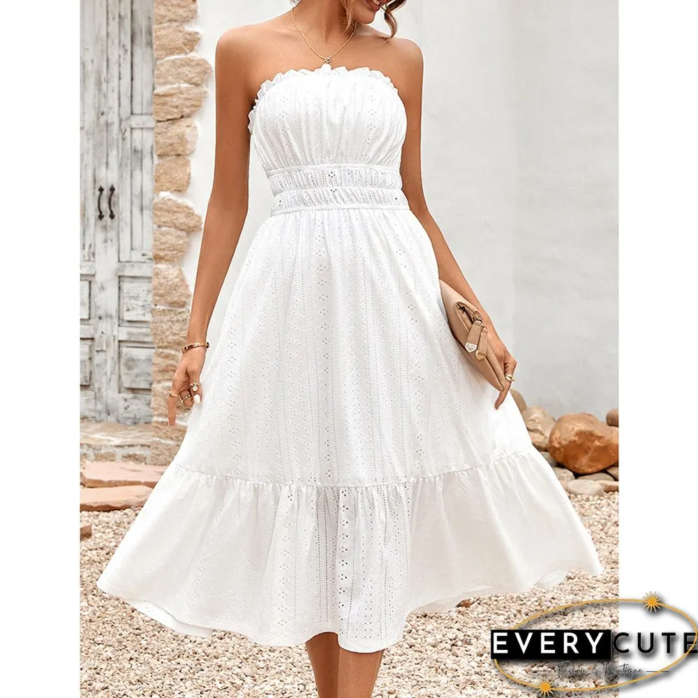 White Slim Waist Strapless Midi Dress