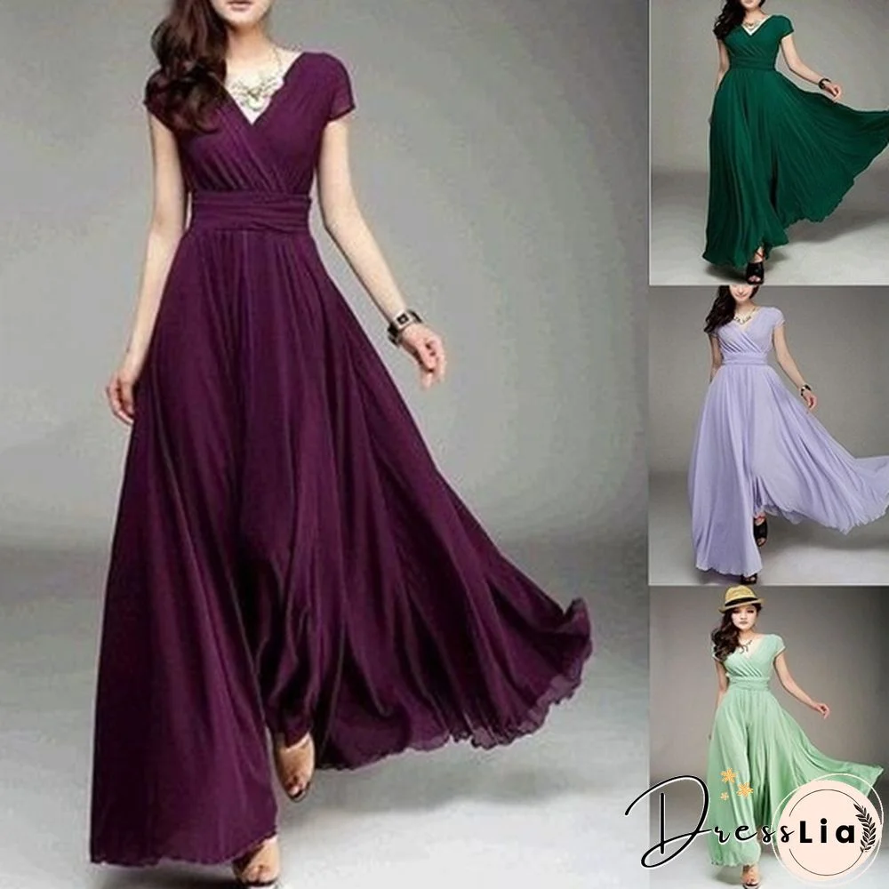 Women's Fashion Spring Summer Autumn Bohemian Maxi Dress Beach Evening Dress V-neck Sexy Women Summer Boho Long Dress Evening Party Prom Dress Sundress Chiffon Dress Plus Size S-3XL