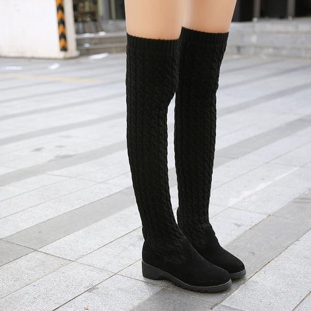 comemore Women's Boots 2021 Autumn Winter Thigh High Boots for Women Knitting Wool Long Boot Woman Brown Black Ladies Flat Shoes
