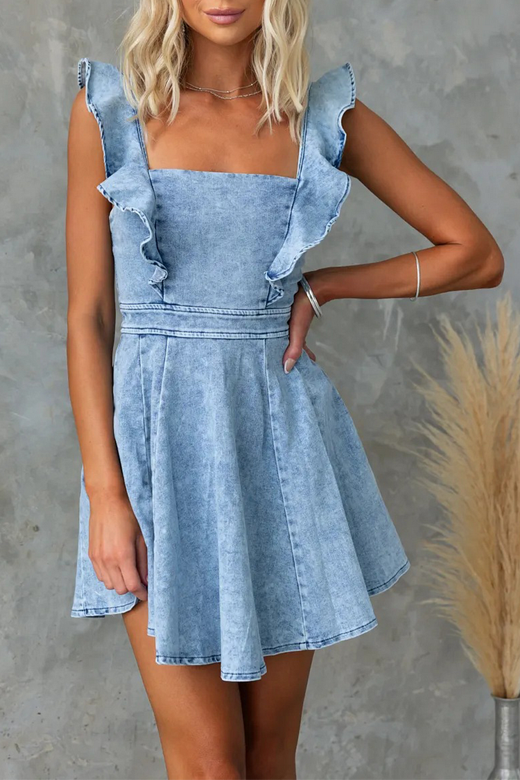 Ruffled Straps A-Line Denim Mini Dresses-Blue