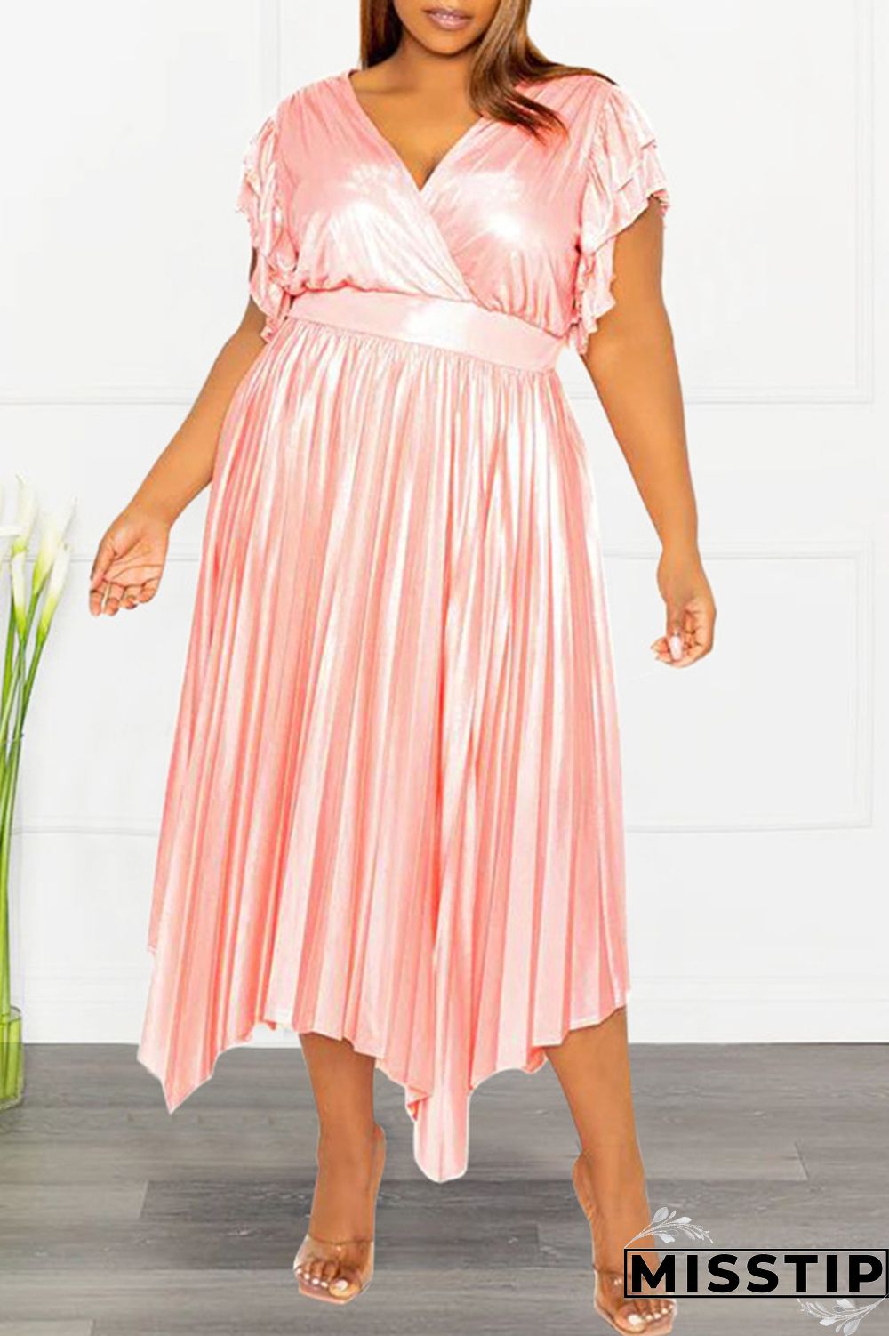 Pink Casual Solid Patchwork V Neck Pleated Plus Size Dresses