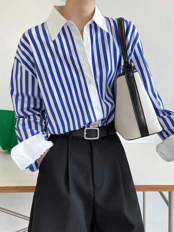 Simple Long Sleeves Contrast Color Striped Lapel Blouse Top
