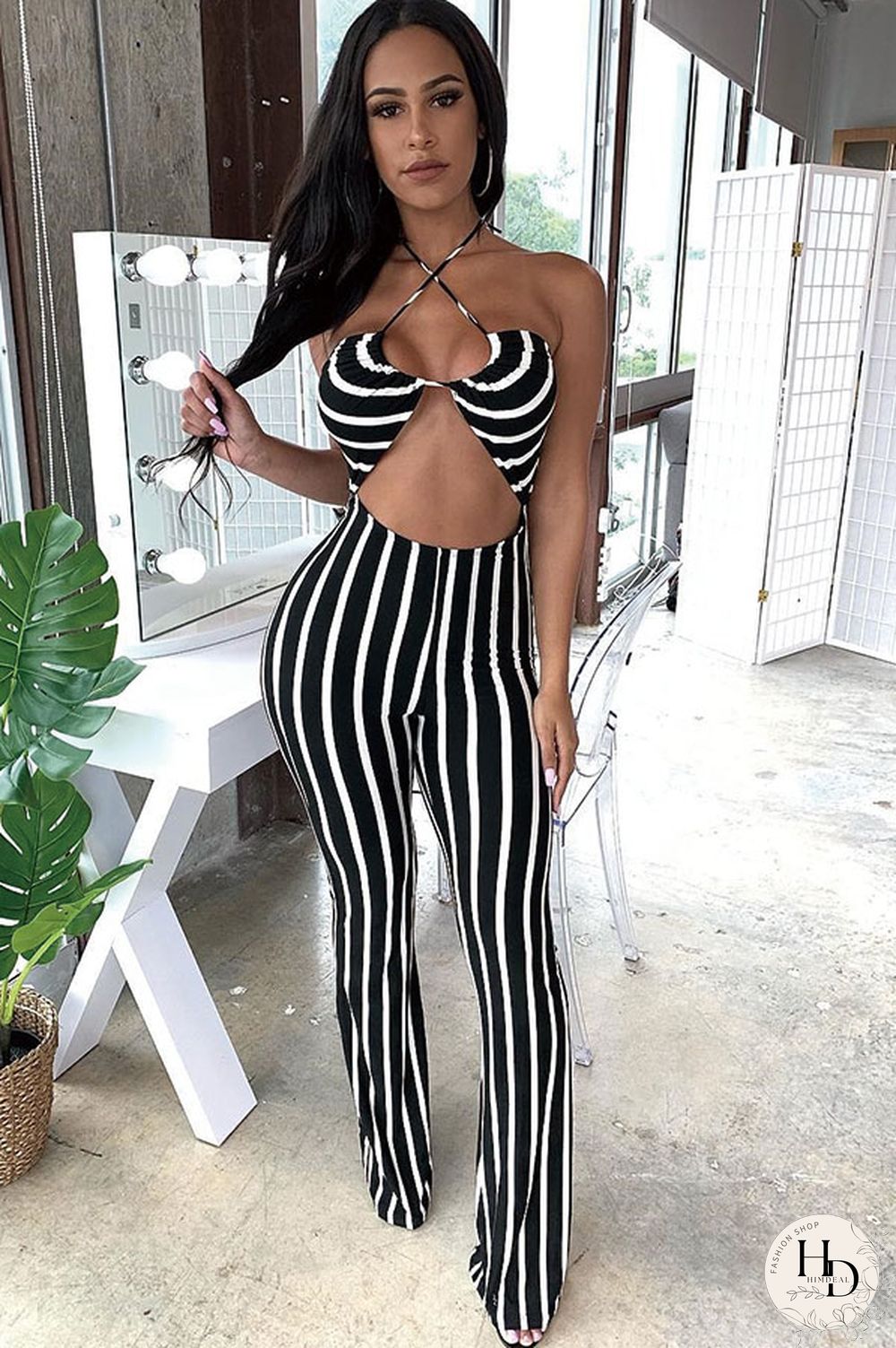 White Fashion Sexy Striped Print Patchwork Polyester Sleeveless Slip Jumpsuits