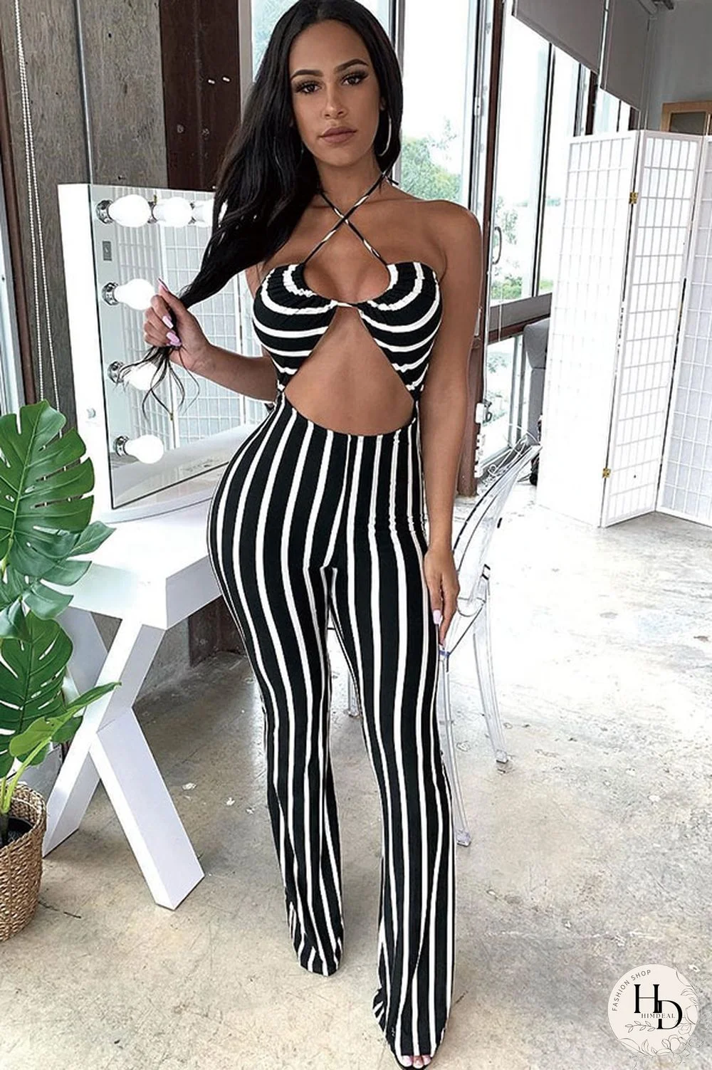 White Fashion Sexy Striped Print Patchwork Polyester Sleeveless Slip Jumpsuits