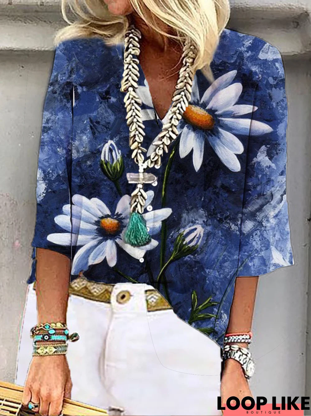 Boho Floral-Print 3/4 Sleeve Blouse