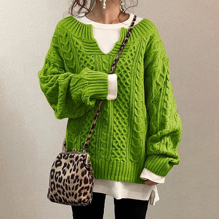 Vefave Casual Knit V Neck Linen Pattern Sweater