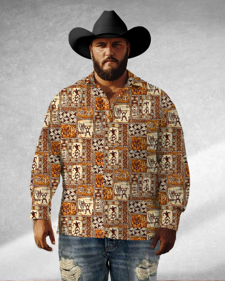 Western Denim Geometric Long Sleeve Lapel Shirt Big Man