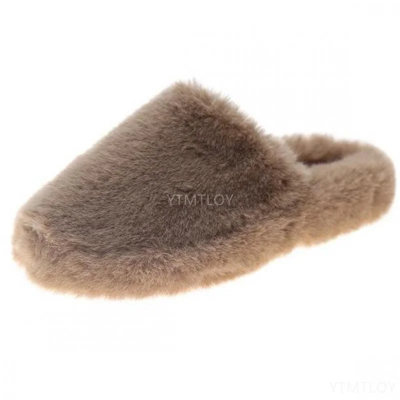 Winter Women House Zapatillas Mujer Casa Furry Slippers Fashion Faux Fur Warm Shoes Slip on Flats Female Slides Black Plush