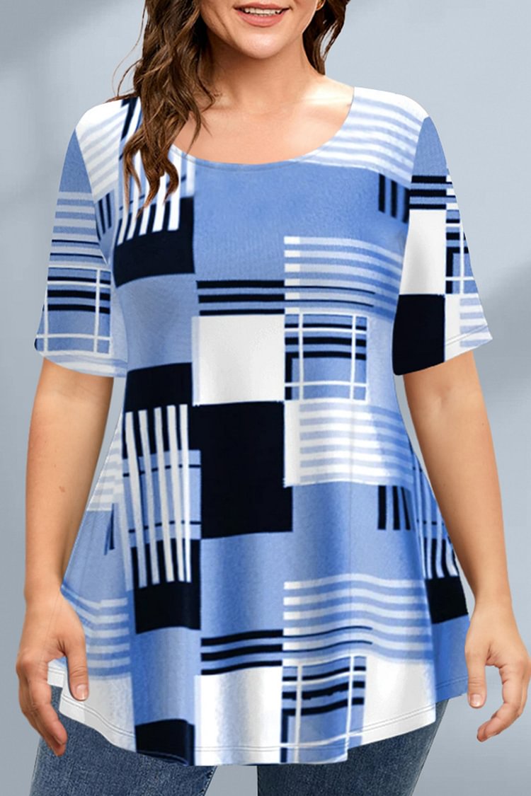 Flycurvy Plus Size Casual Blue Colorblock Stitching Texture Print T-Shirt  Flycurvy [product_label]