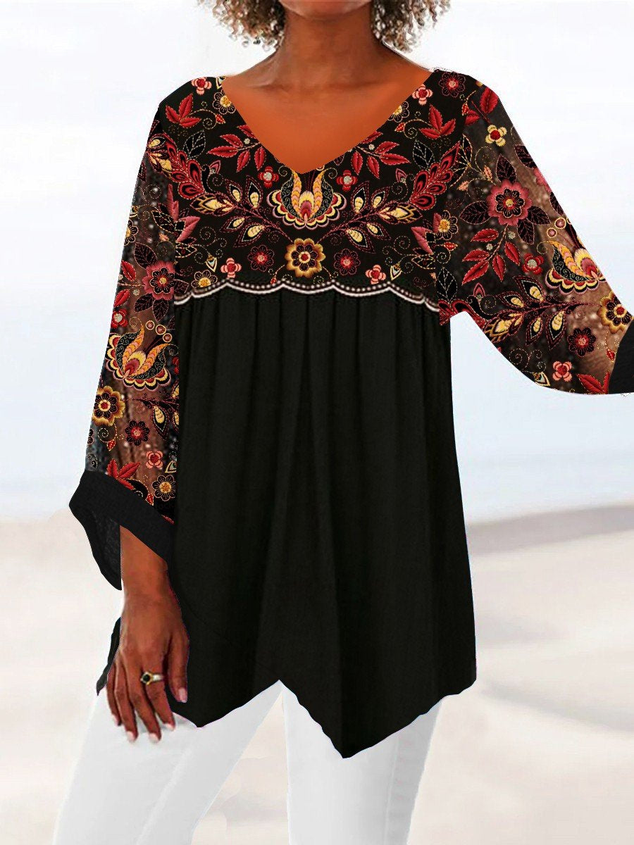 Women Long Sleeve V-neck Graphic Floral Printed Top