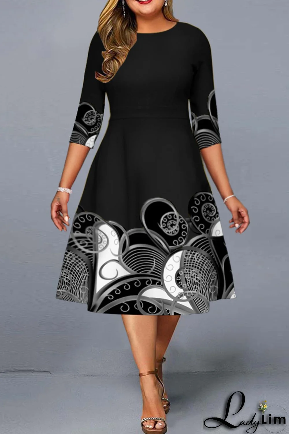 Black Fashion Casual Print Basic O Neck Plus Size Dresses