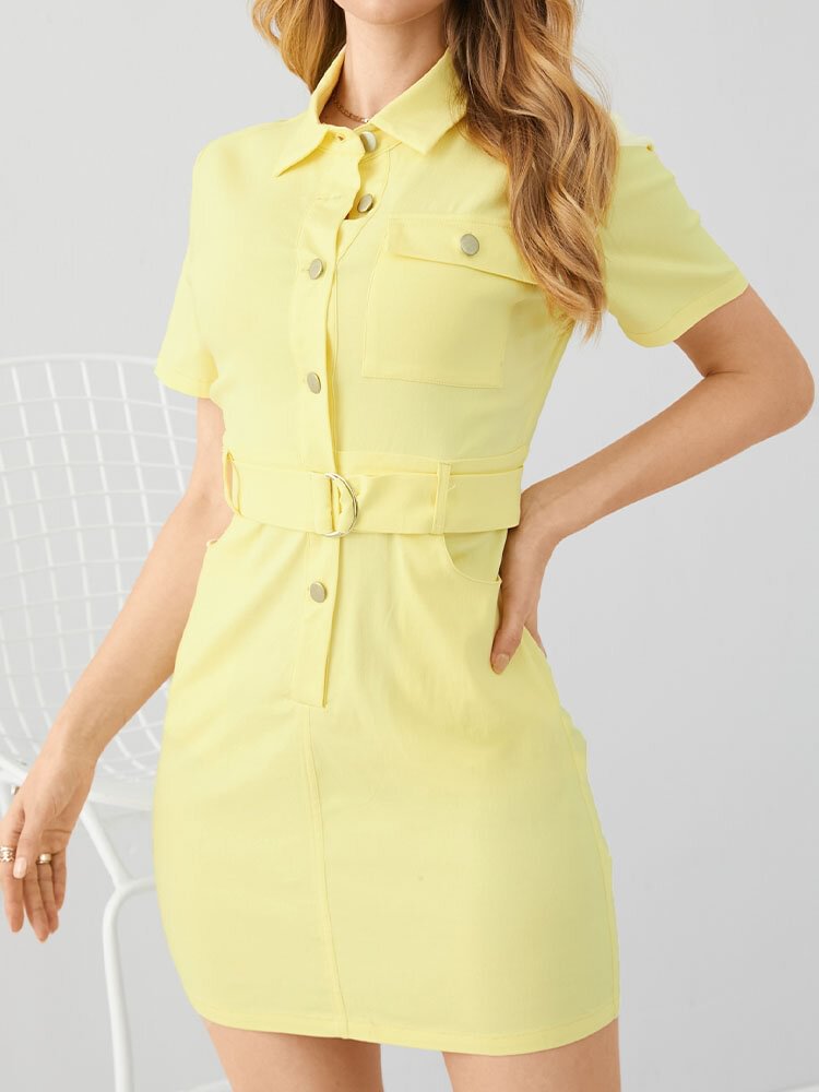Solid Color Lapel Button Pocket Short Sleeve Dress With Belt