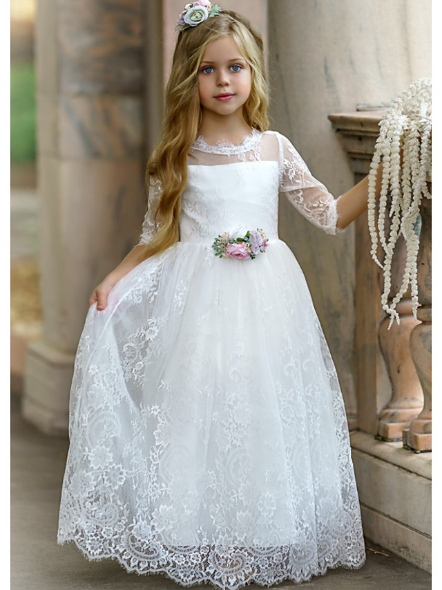Bellasprom Long Sleeve Jewel  A-Line Floor Length Flower Girl Dress Lace Tulle With Tier Bellasprom