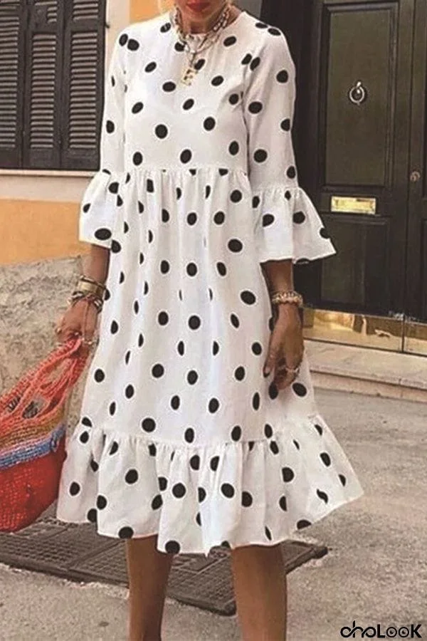 Polka Dot Crew Neck Ruffle Dress