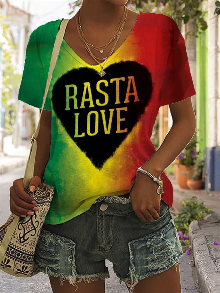 Heart Rasta Love Gradient V Neck T Shirt