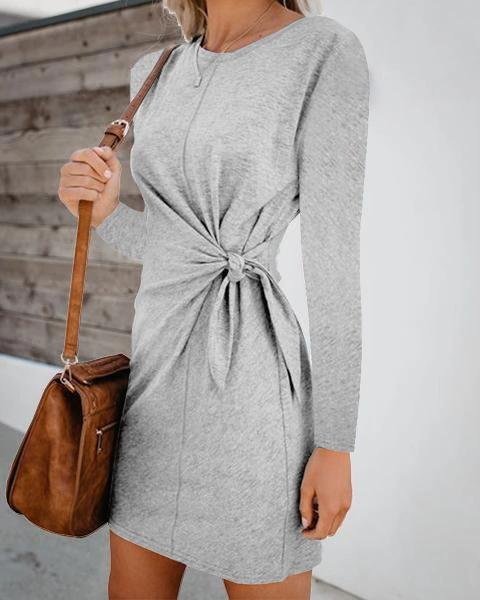 Solid Slim Long Sleeve Round Neck Women Fashion Casual Mini Dresses