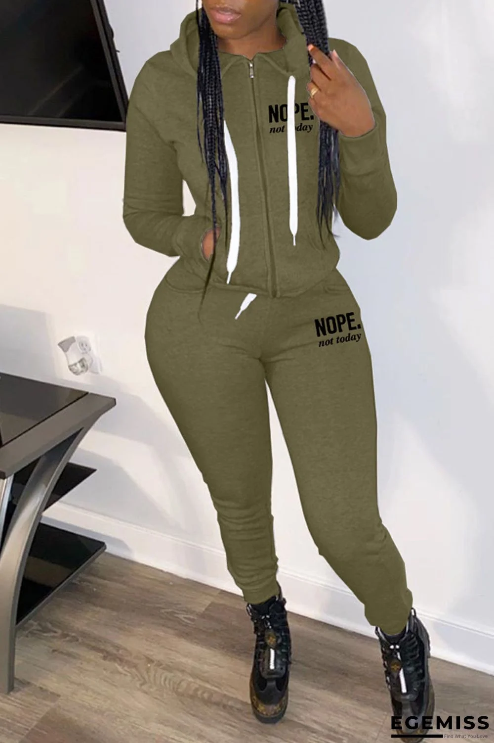 Army Green Fashion Casual Letter Print Patchwork Hooded Collar Long Sleeve Two Pieces | EGEMISS