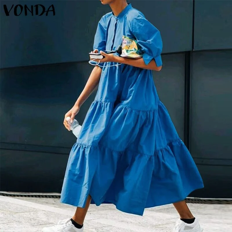 Mid-Calf Dress 2022 VONDA Woman Summer O Neck Short Lantern Sleeve Dresses Bohemian Party Vestidos Femme Mid-Calf Length Robes