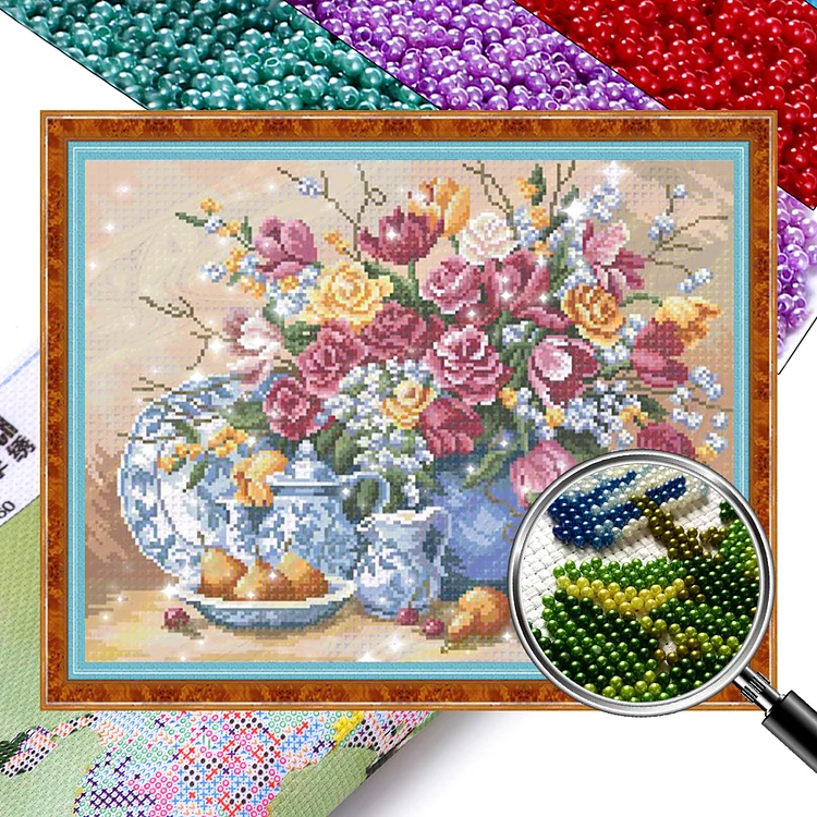 Flower - 9CT Bead Embroidery Cross Stitch(Full Embroidery)