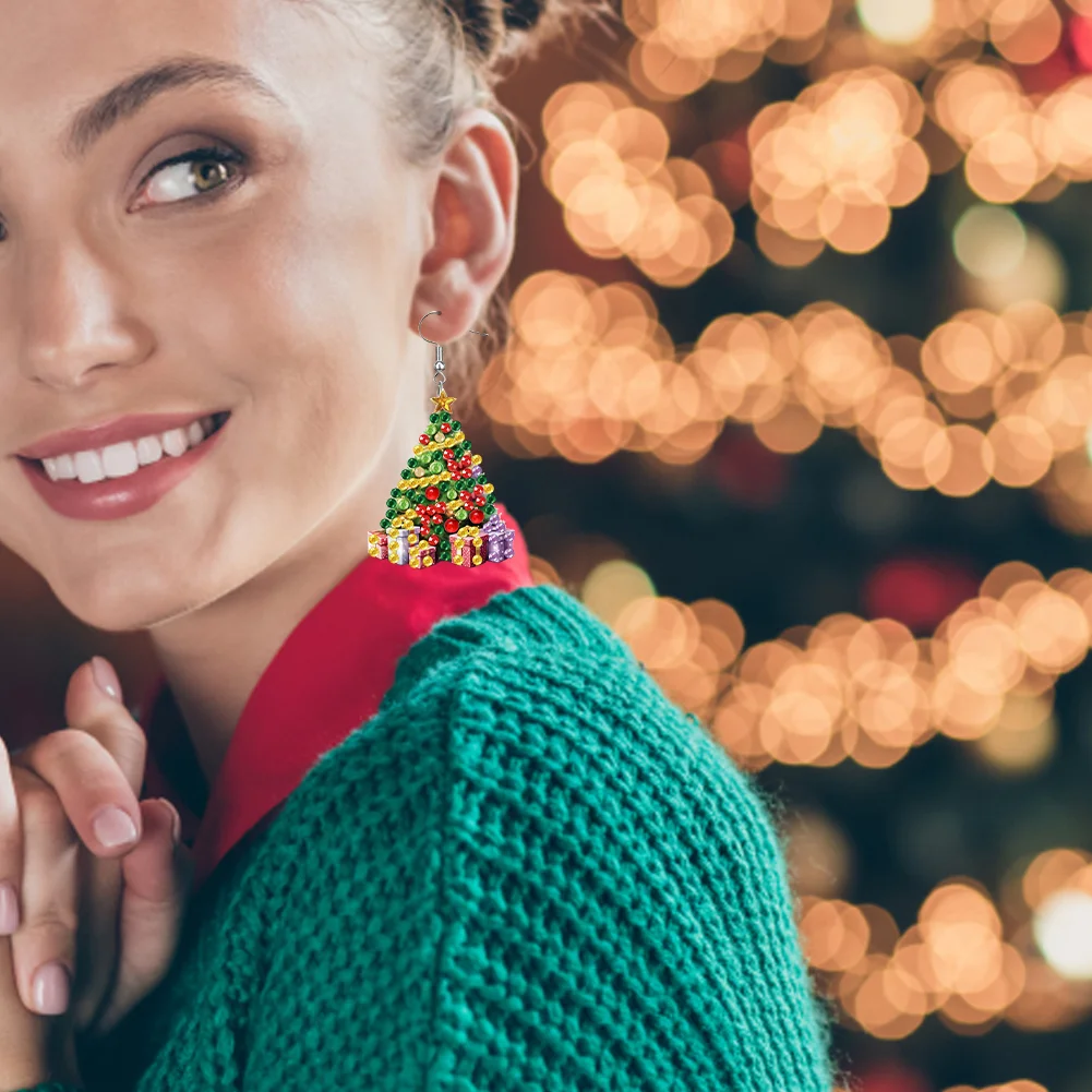 6 Pairs Double Sided Christmas Tree Diamond Painting Earrings for Women Girls