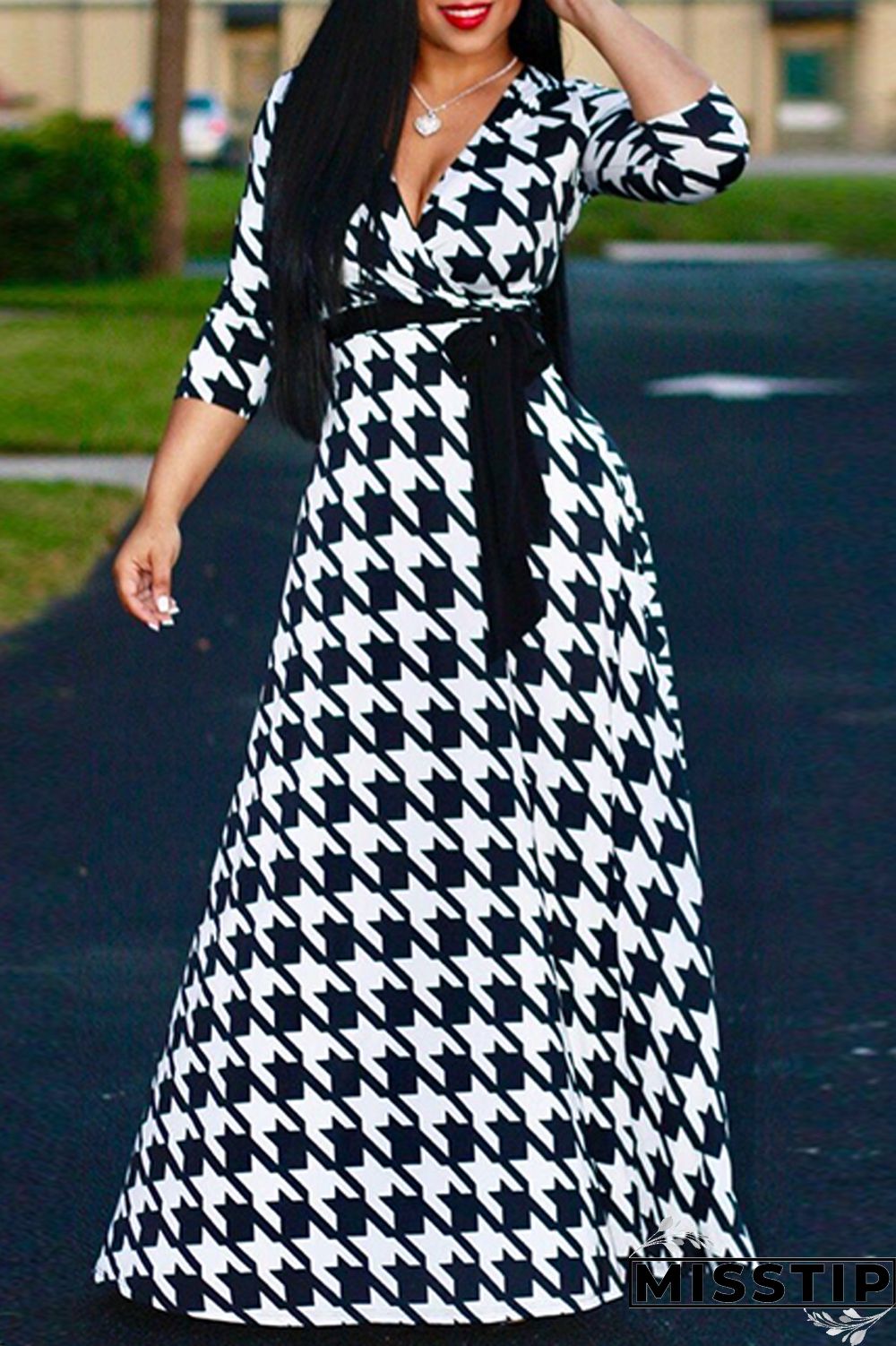 Blue Fashion Casual Print Bandage V Neck Long Sleeve Dresses