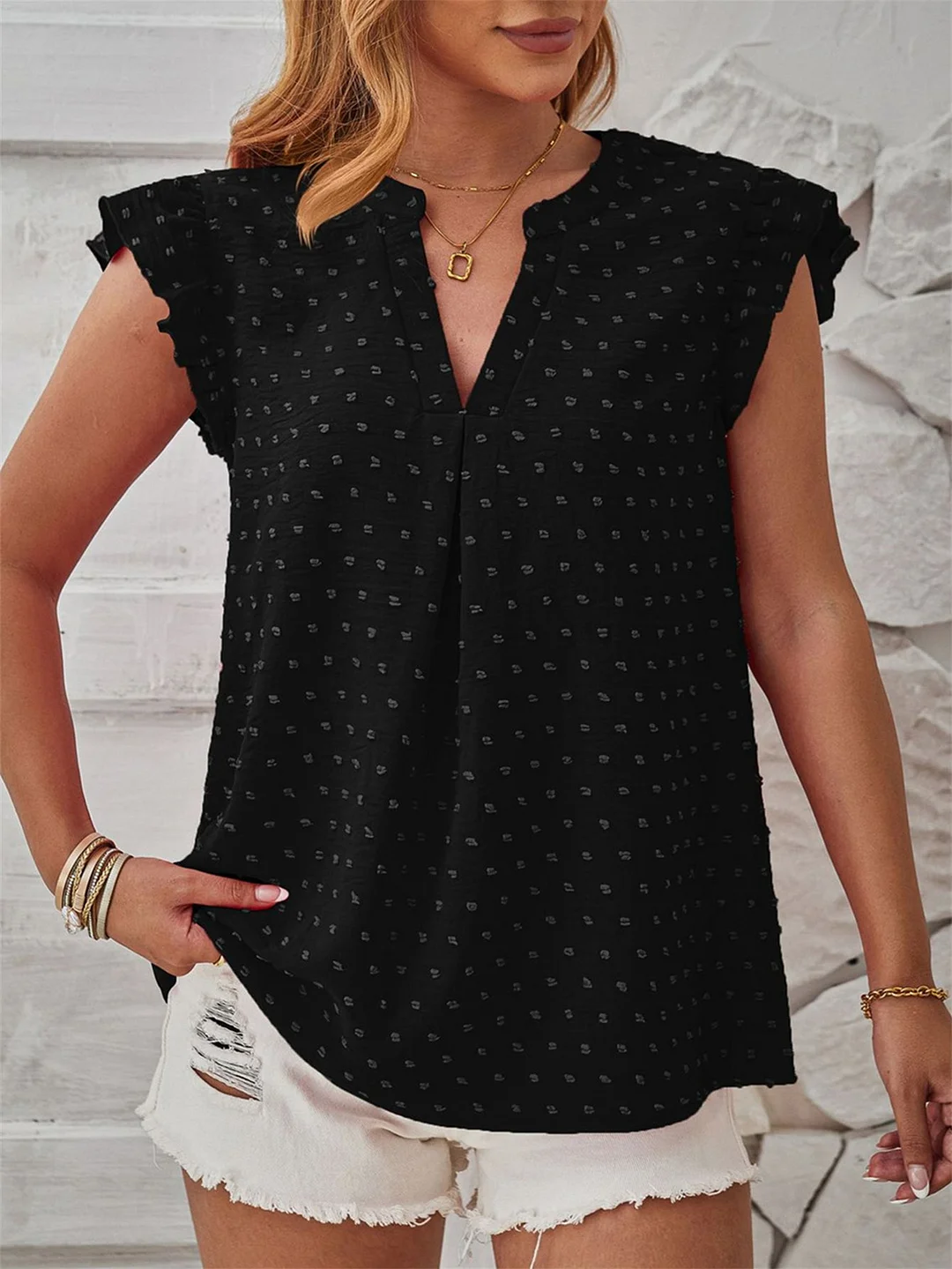 Women Short Sleeve V-neck Solid Color Tops
