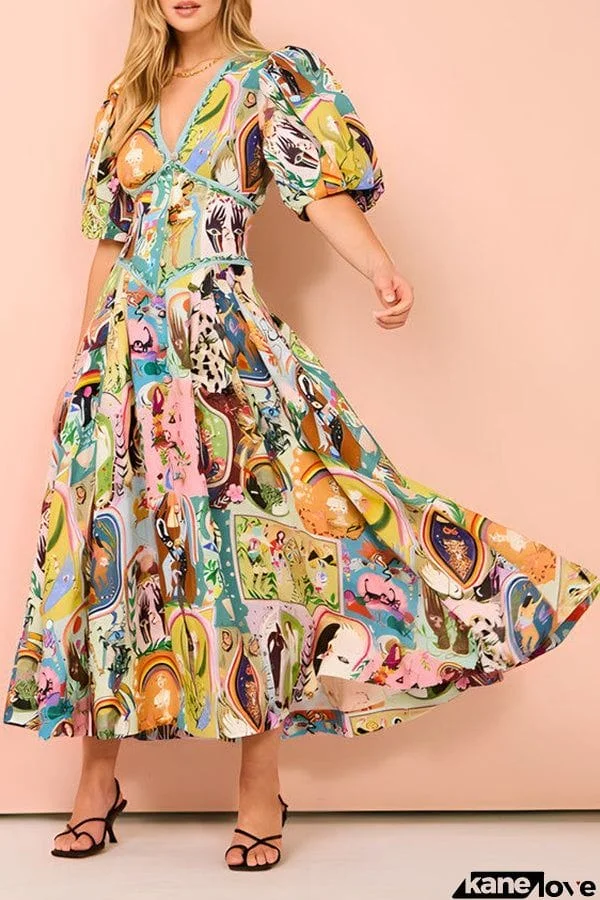 Exquisite Unique Printed V Neck Puff Sleeve Maxi Dress