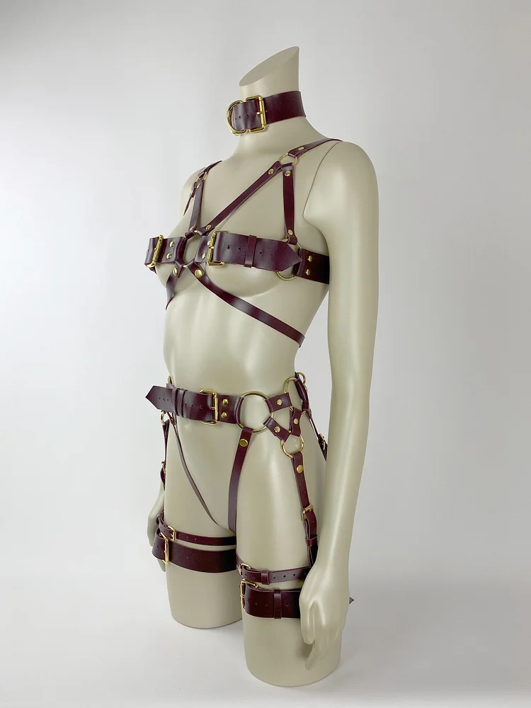 pornhint Pornhint Harness Bondage Set, Marsala Leather Harness for Women, Fetish Wear, Open Panties, BDSM Wide Choker, Mature Restraints leather body harnesses for women