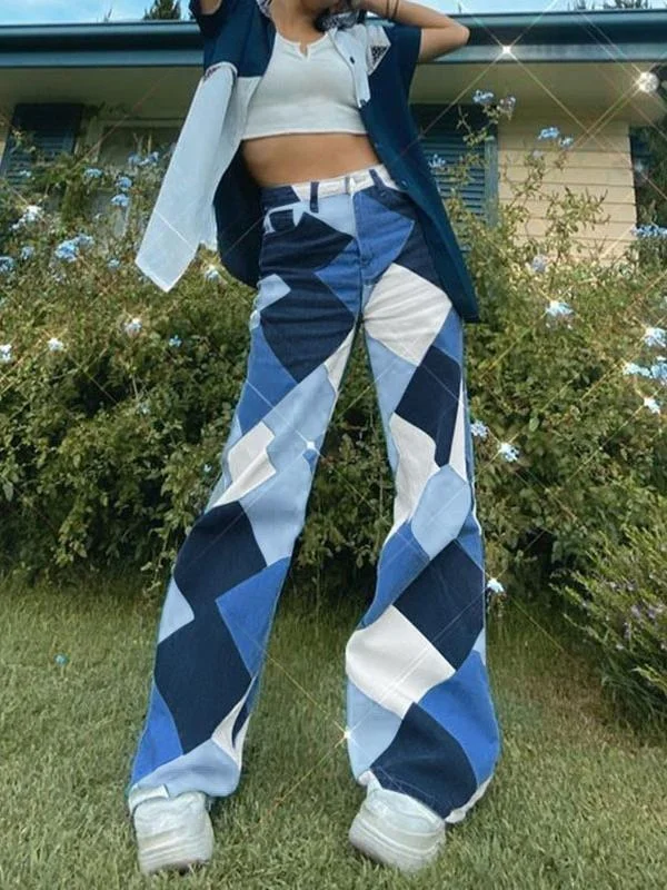 Diamond Check Print Contrast High-waisted Straight-leg Jeans