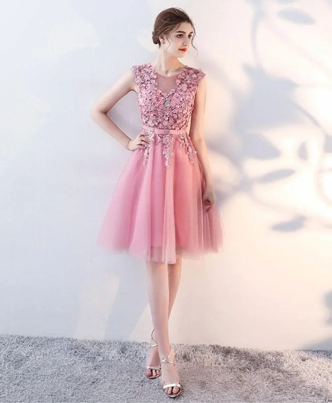 Pink Lace Applique Short A Line Prom Dress, Pink Evening Dress