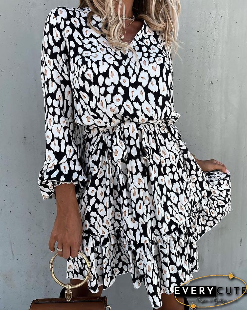 Print Ruffles V-neck Mini Dress P14175