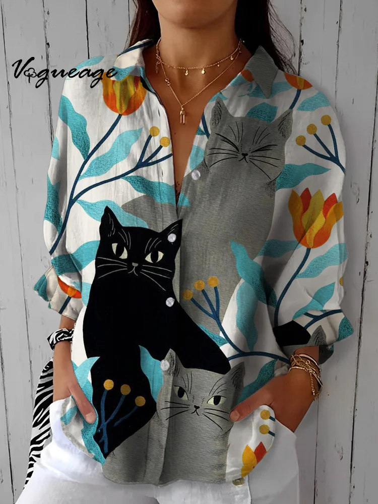 Cat Plant Cute Printed Cotton And Linen Women Shirt