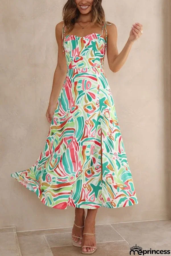 Like A Melody Printed Smocked Back Slit Midi Dress