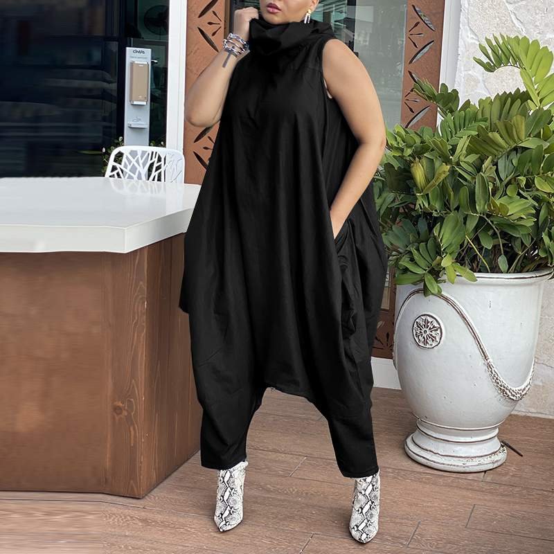 Celmia Women Retro Jumpsuits 2022 Fashion Stacking High Collar Sleeveless Long Romper Casual Dropped Crotch Zipper Harem Overall