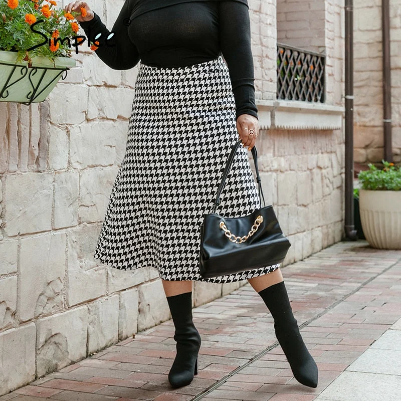 Simplee Elegant houndstooth plus size ladies maxi skirts Vintage wrap long skirts for women High waist zipper soft winter bottom