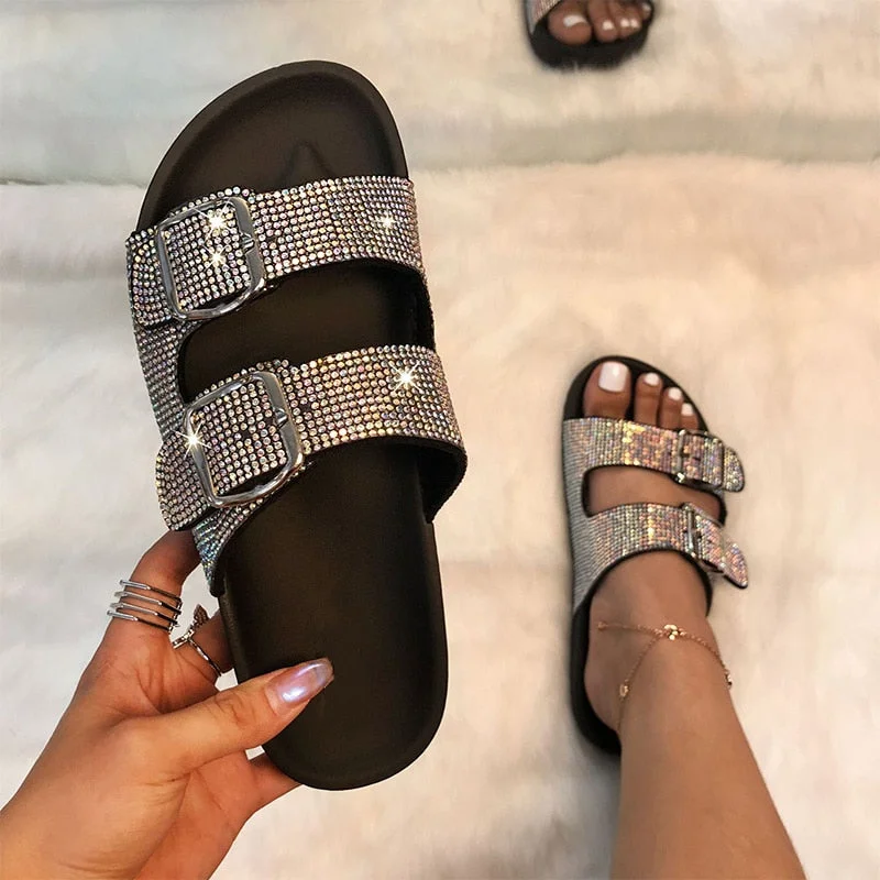Rhinestone Women's Shoes Outside Casual Slippers 2021 Fashion Colorful Buckle Bling Female Flat Sandals Summer Ladies Slides