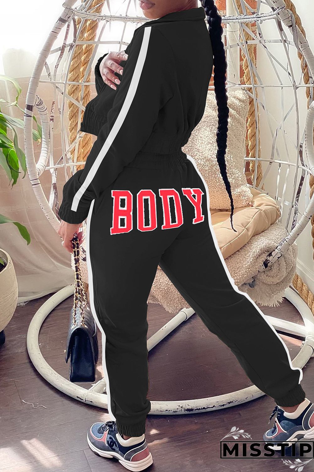 Blue Casual Letter Print Patchwork Zipper Collar Long Sleeve Two Pieces