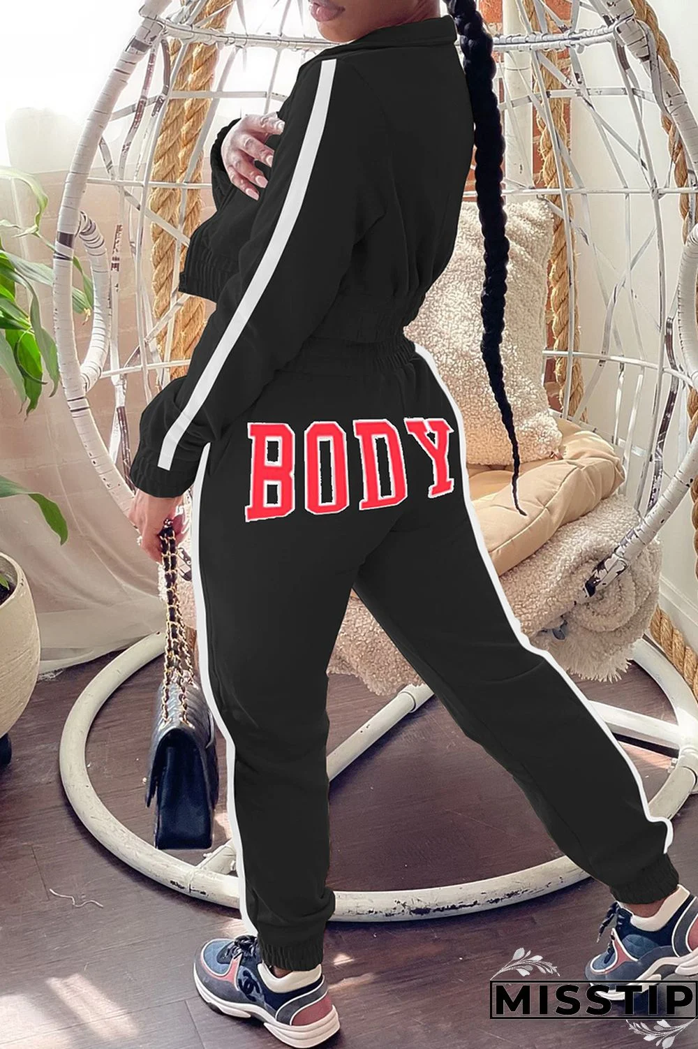 Blue Casual Letter Print Patchwork Zipper Collar Long Sleeve Two Pieces